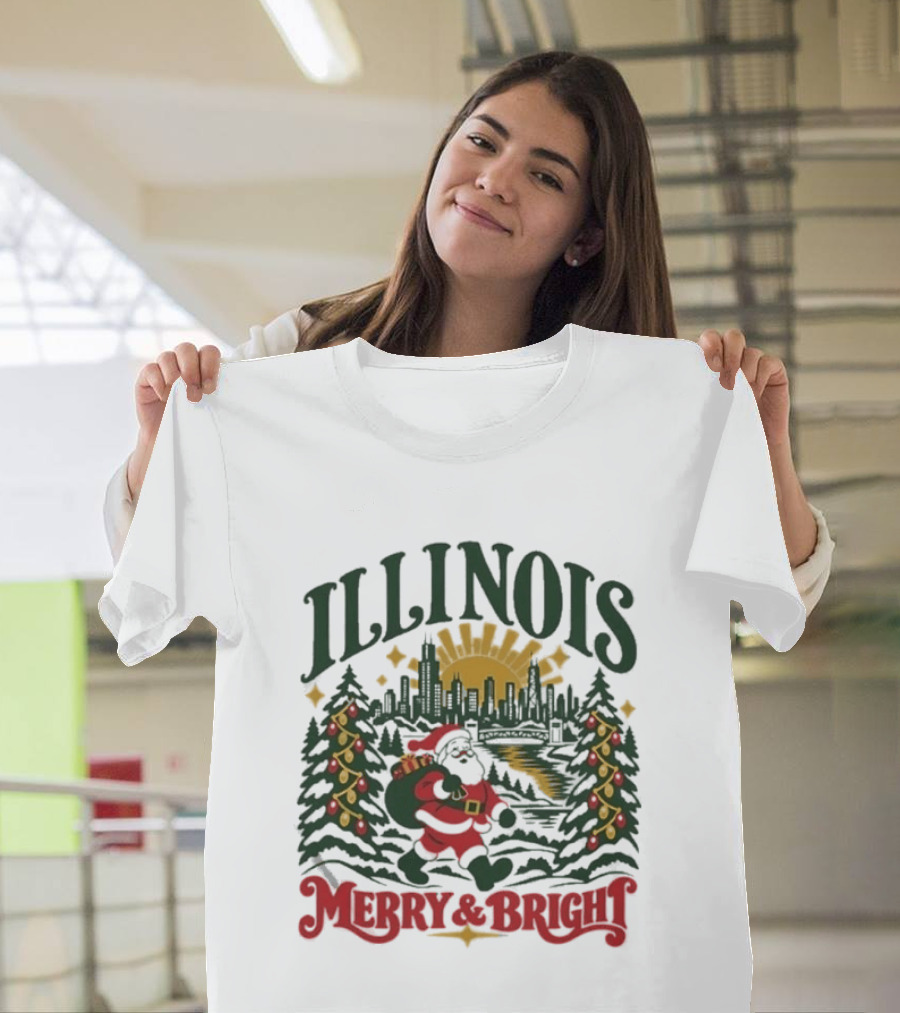 Illinois Merry And Bright Christmas Santa Skyline Forest 2026 T-Shirt