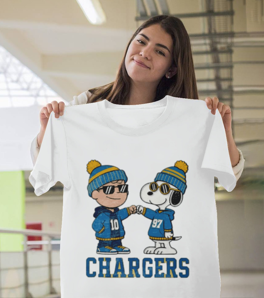 Los Angeles Chargers Charlie Brown Snoopy Fist Bump Blue Beanie Pom Pom T-Shirt