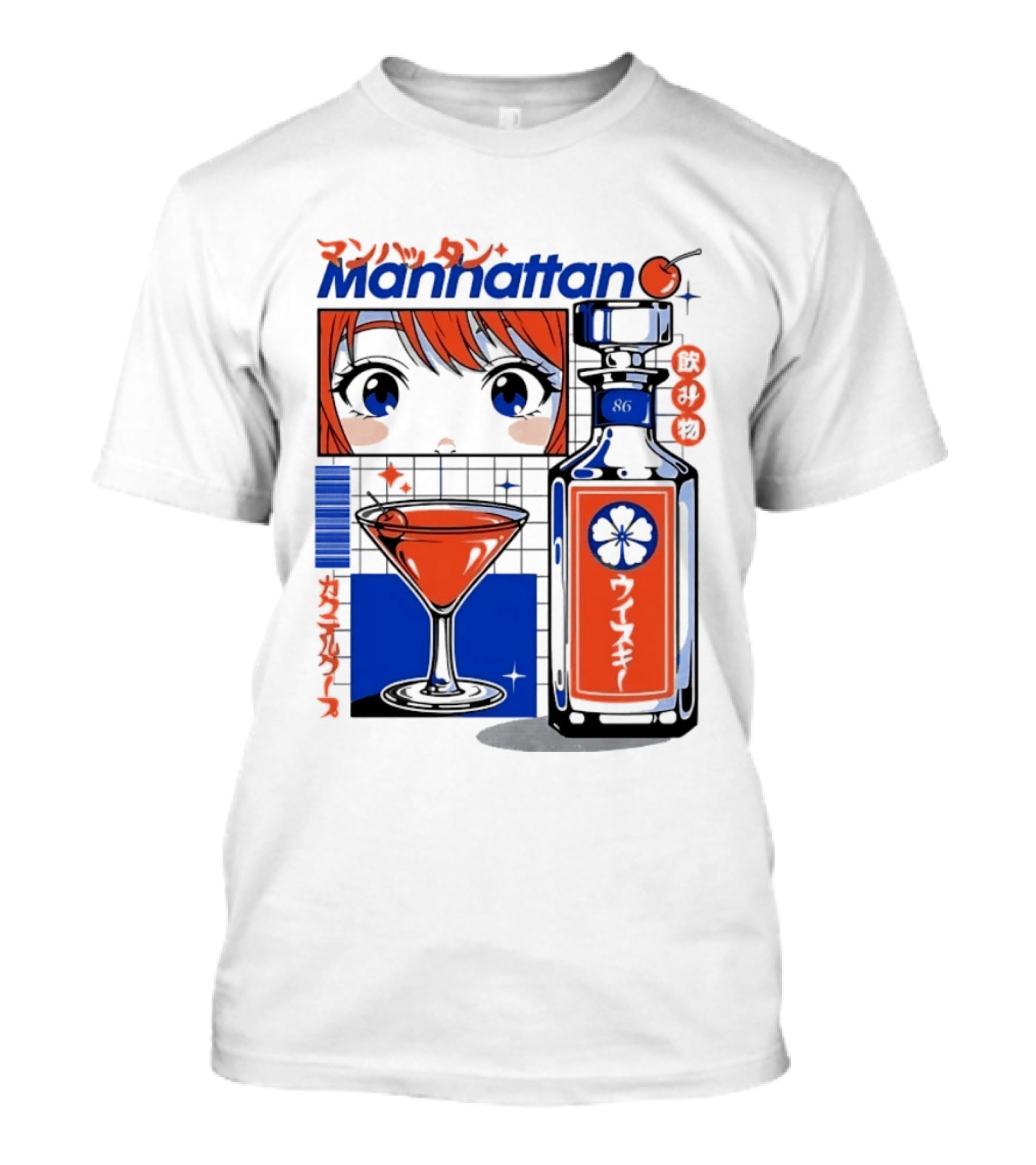 Manhattan Anime Style Whiskey Bottle With Cocktail And Cherry T-Shirt