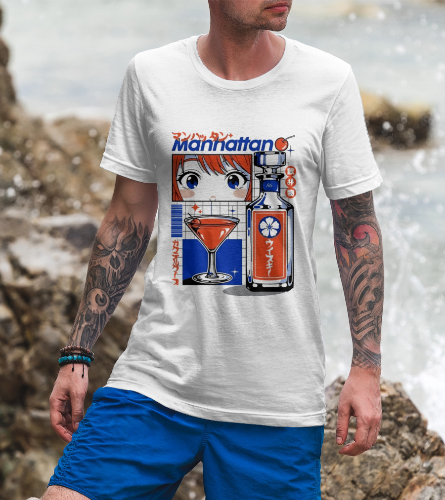 Manhattan Anime Style Whiskey Bottle With Cocktail And Cherry T-Shirt
