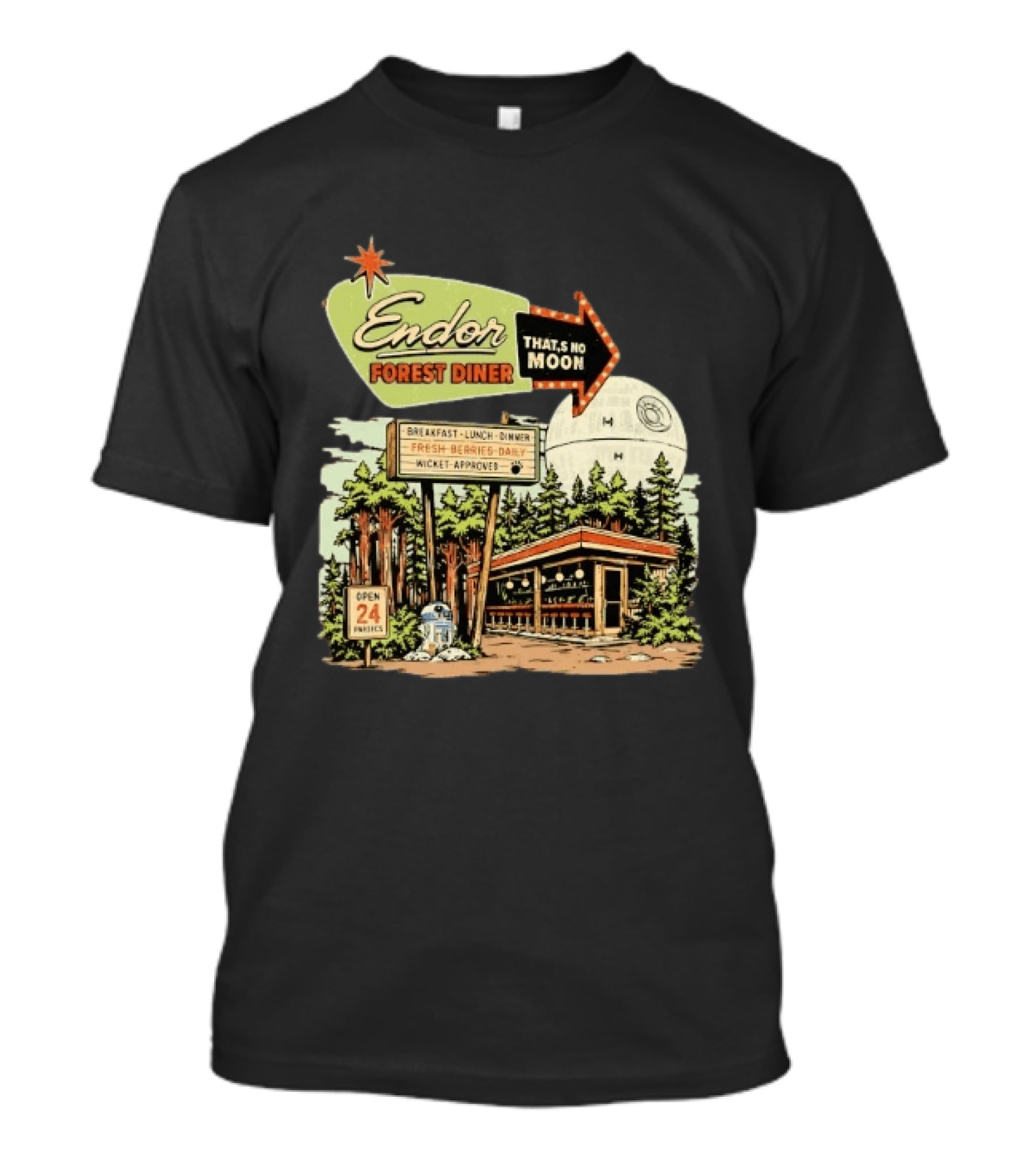 Endor Forest Diner Breakfast Lunch Dinner Moon Star Wars 24 Hours R2 D2 T-Shirt