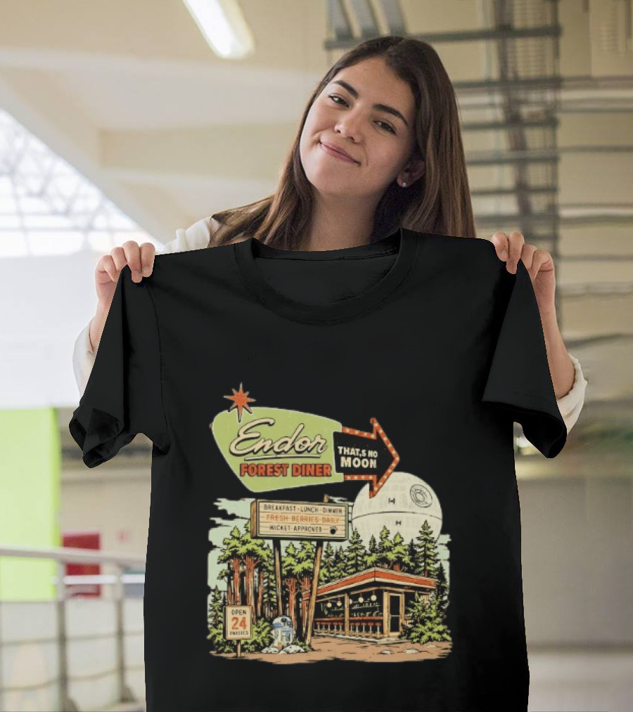 Endor Forest Diner Breakfast Lunch Dinner Moon Star Wars 24 Hours R2 D2 T-Shirt