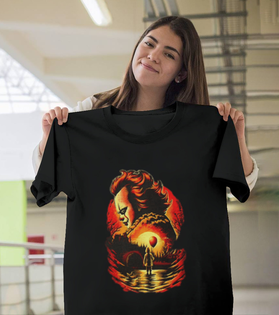 Pennywise IT Clown Face With Red Balloon And Sunset Scene T-Shirt