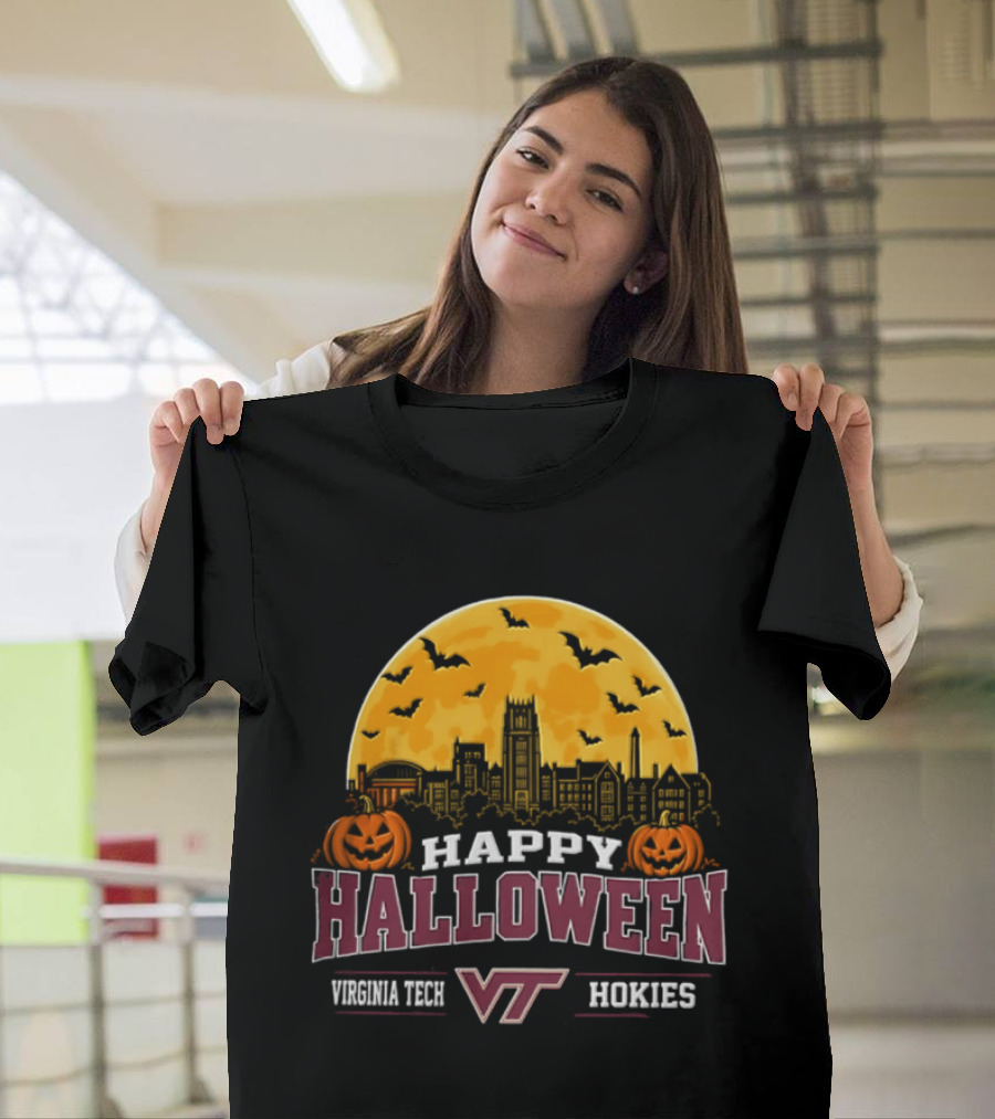 Virginia Tech Hokies Happy Halloween VT Skyline Pumpkins Bats Moon 2026 T-Shirt