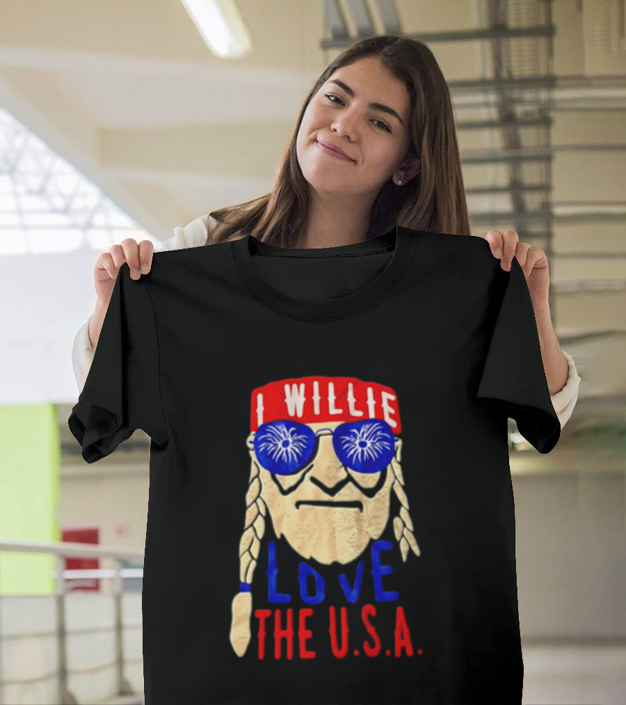 I Willie Nelson Love The U.S.A. Braided Hair Fireworks Sunglasses T-Shirt
