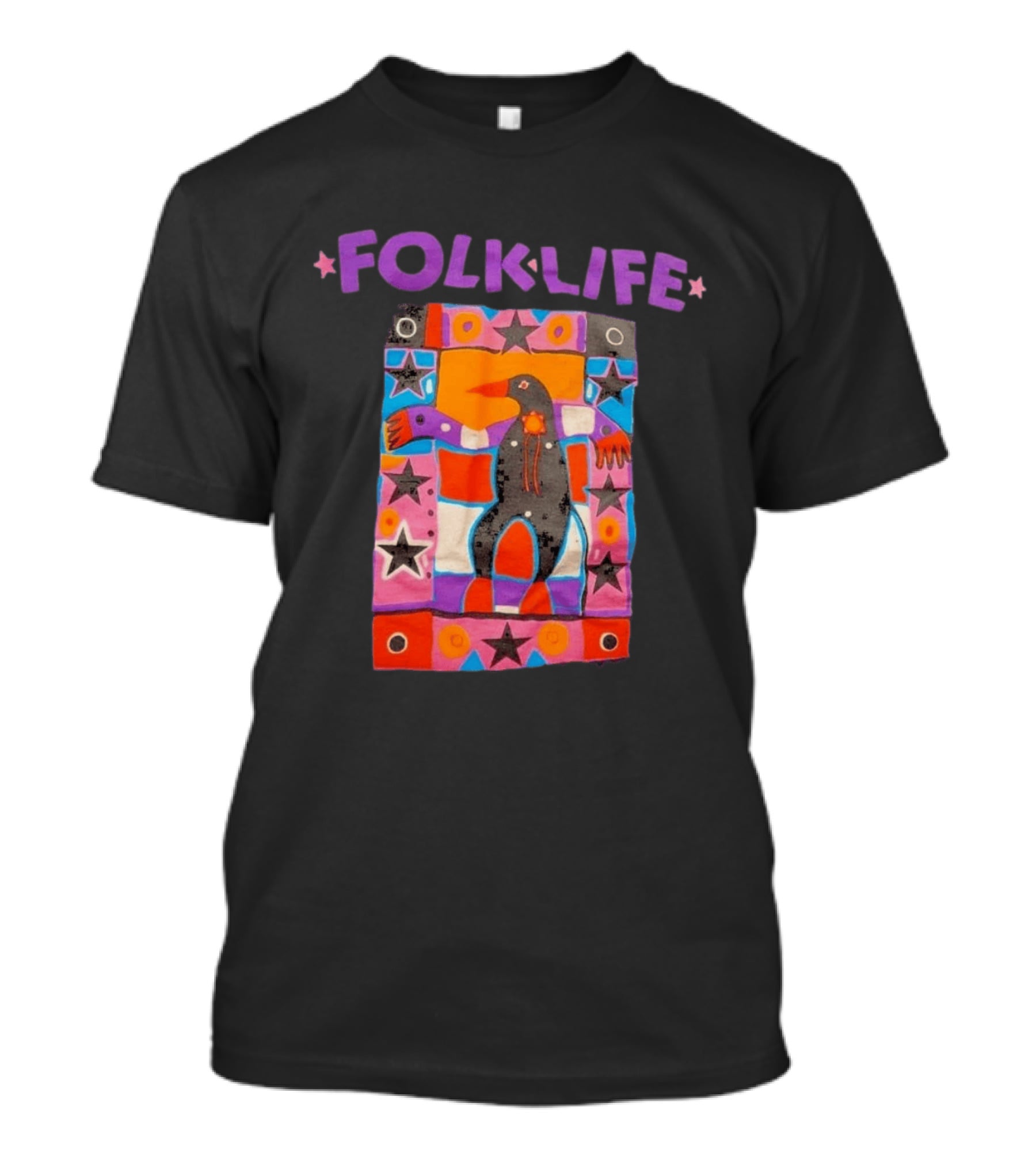 1992 Northwest Folklife Festival Black Seattle USA 90s Colorful Folk Art Bird Stars T-Shirt