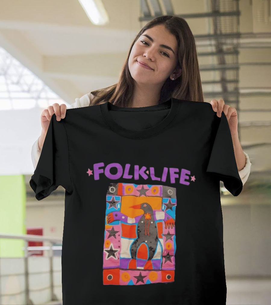 1992 Northwest Folklife Festival Black Seattle USA 90s Colorful Folk Art Bird Stars T-Shirt
