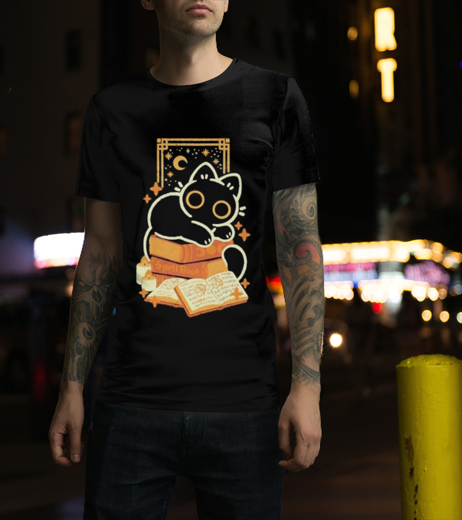 Black Cat Spell Book Candles Moon Stars Mystical Scene T-Shirt