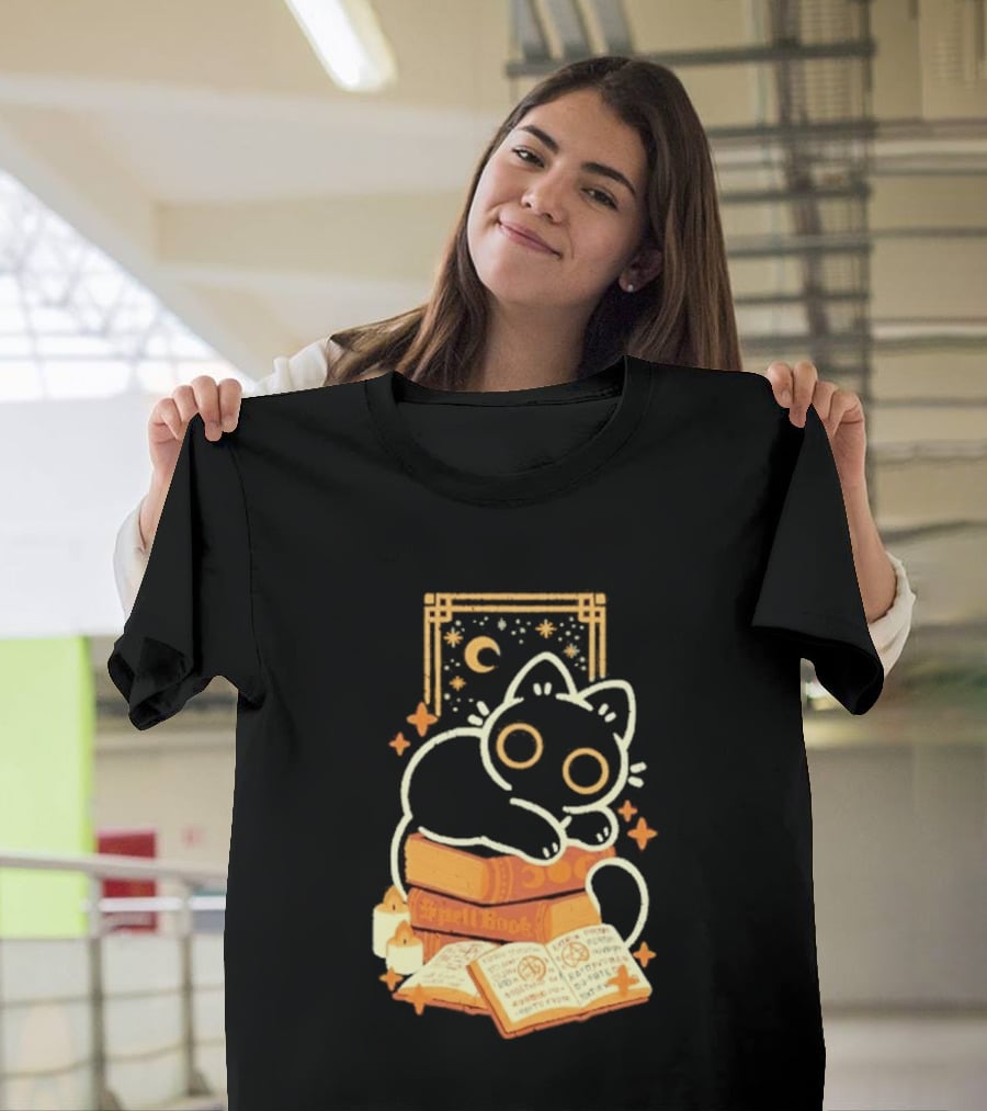 Black Cat Spell Book Candles Moon Stars Mystical Scene T-Shirt