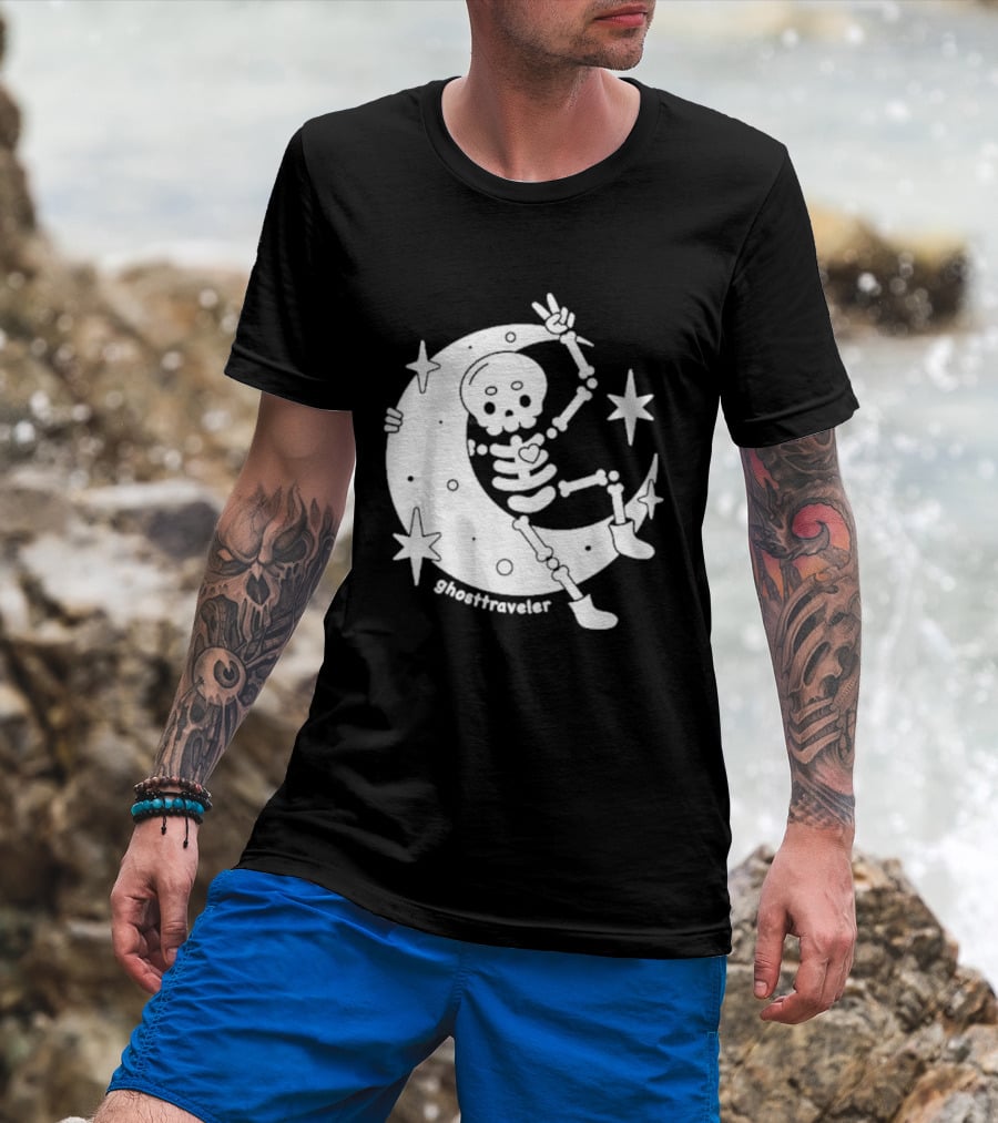 Ghosttraveler Skeleton On The Moon With Stars Spooky Halloween T-Shirt