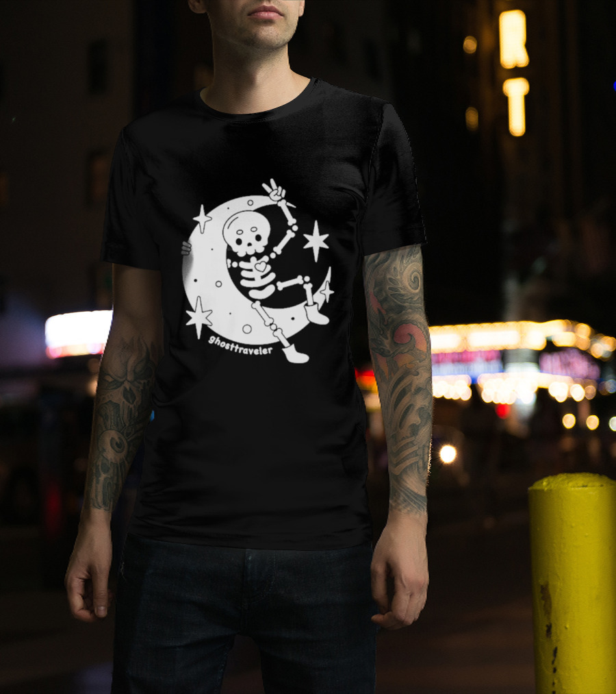 Ghosttraveler Skeleton On The Moon With Stars Spooky Halloween T-Shirt