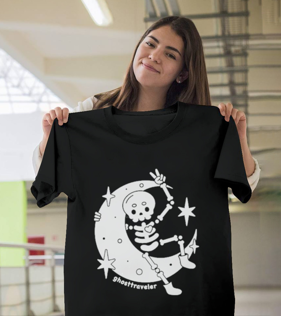 Ghosttraveler Skeleton On The Moon With Stars Spooky Halloween T-Shirt