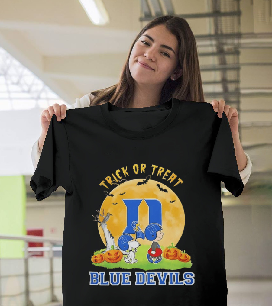 Trick Or Treat Snoopy Charlie Brown Woodstock Duke Blue Devils Halloween Moon T-Shirt