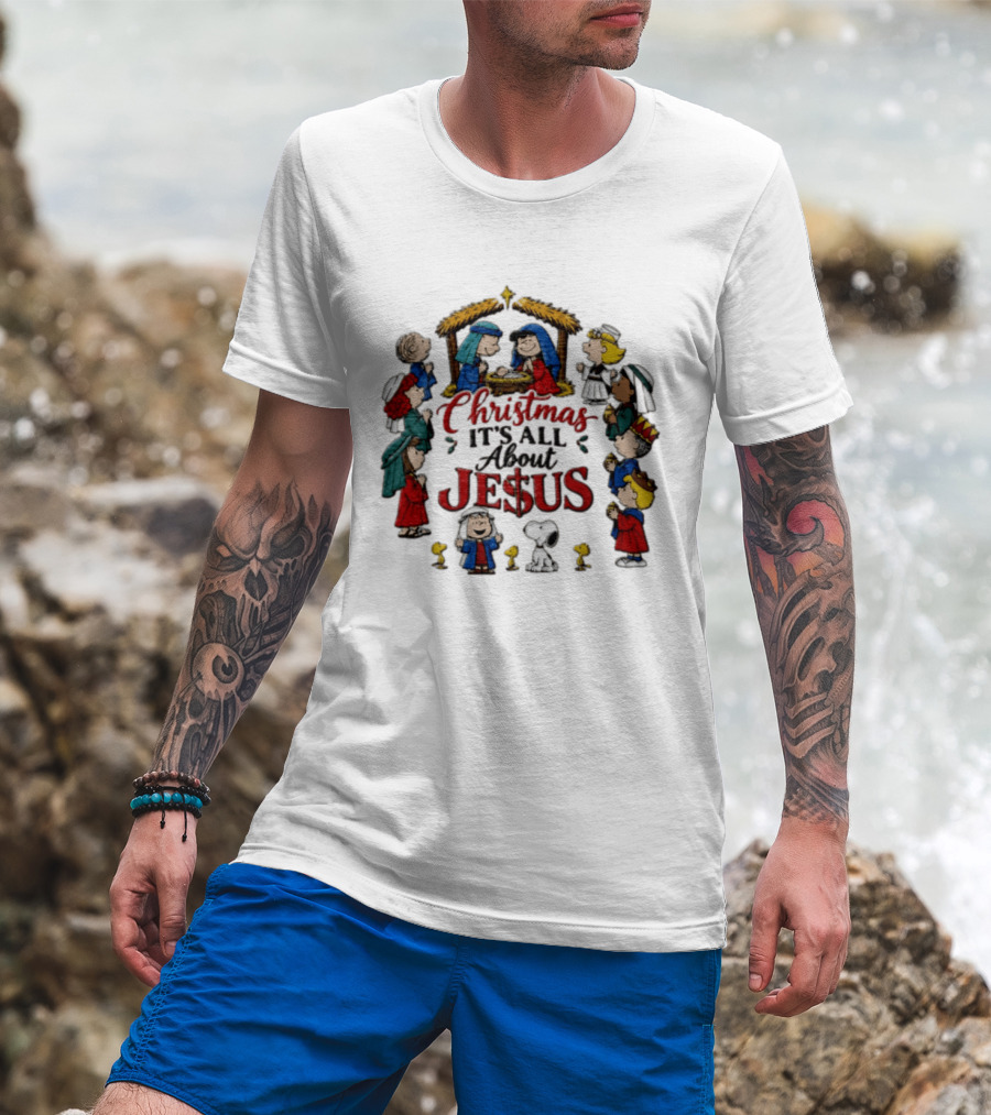 Christmas It's All About Jesus Charlie Brown Snoopy Peanuts Nativity Scene T-Shirt
