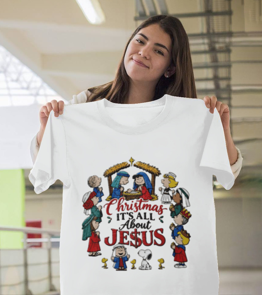 Christmas It's All About Jesus Charlie Brown Snoopy Peanuts Nativity Scene T-Shirt