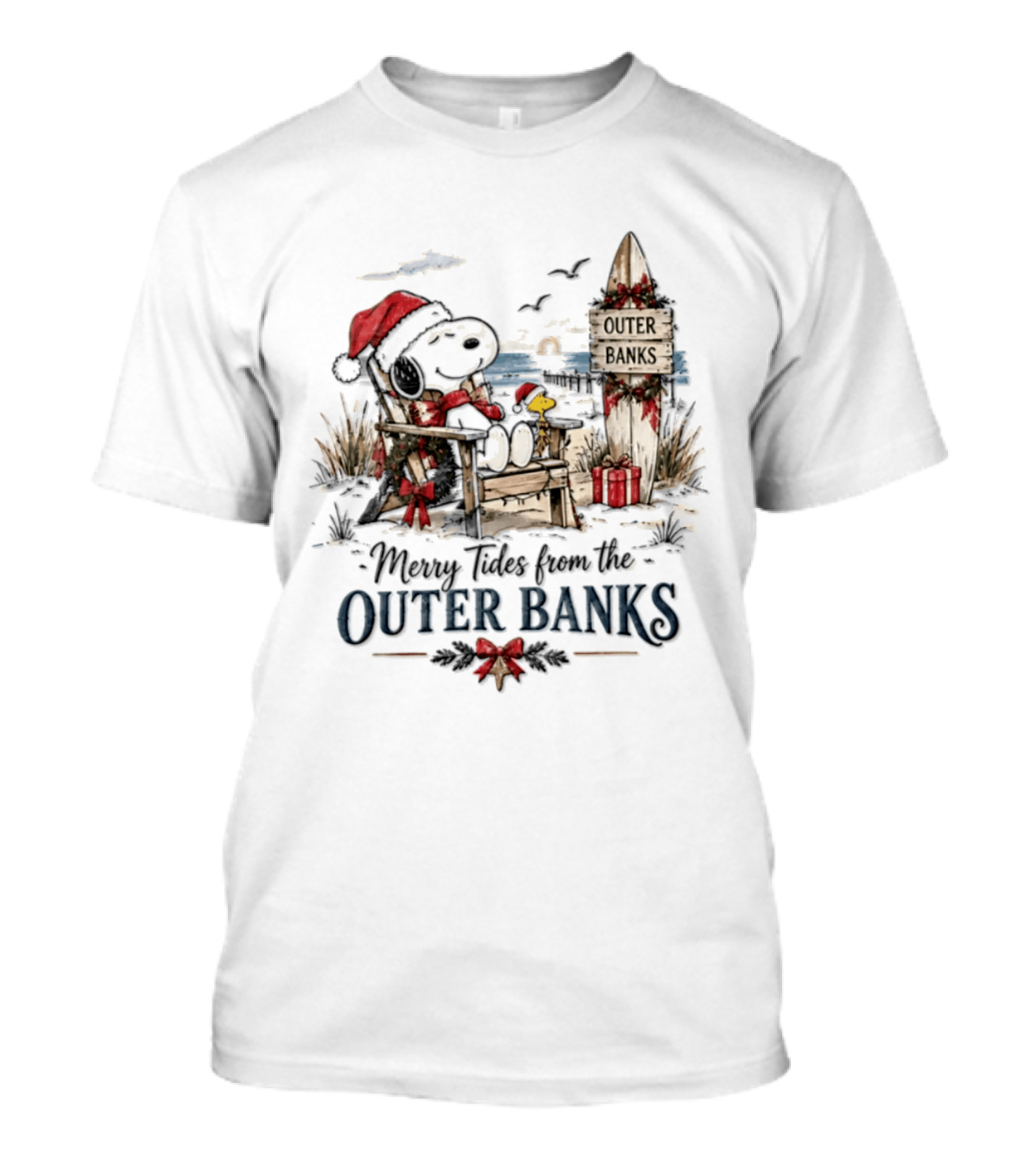 Snoopy Woodstock Merry Tides Outer Banks Holiday Peanuts Christmas Scene T-Shirt