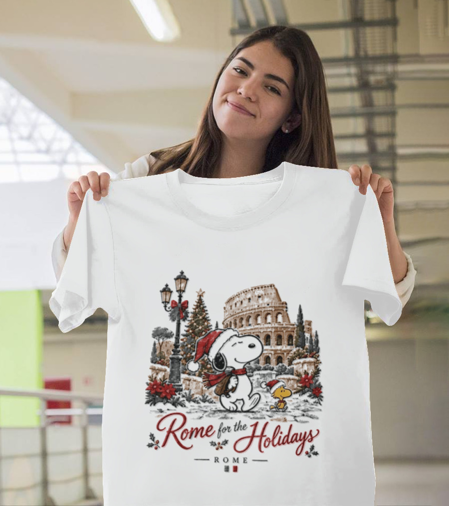 Snoopy And Woodstock Rome For The Holidays Christmas Colosseum Scene T-Shirt