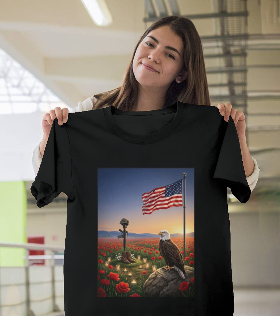 Battlefield Cross American Flag Eagle Honor Our Fallen Heroes Poppy Field T-Shirt