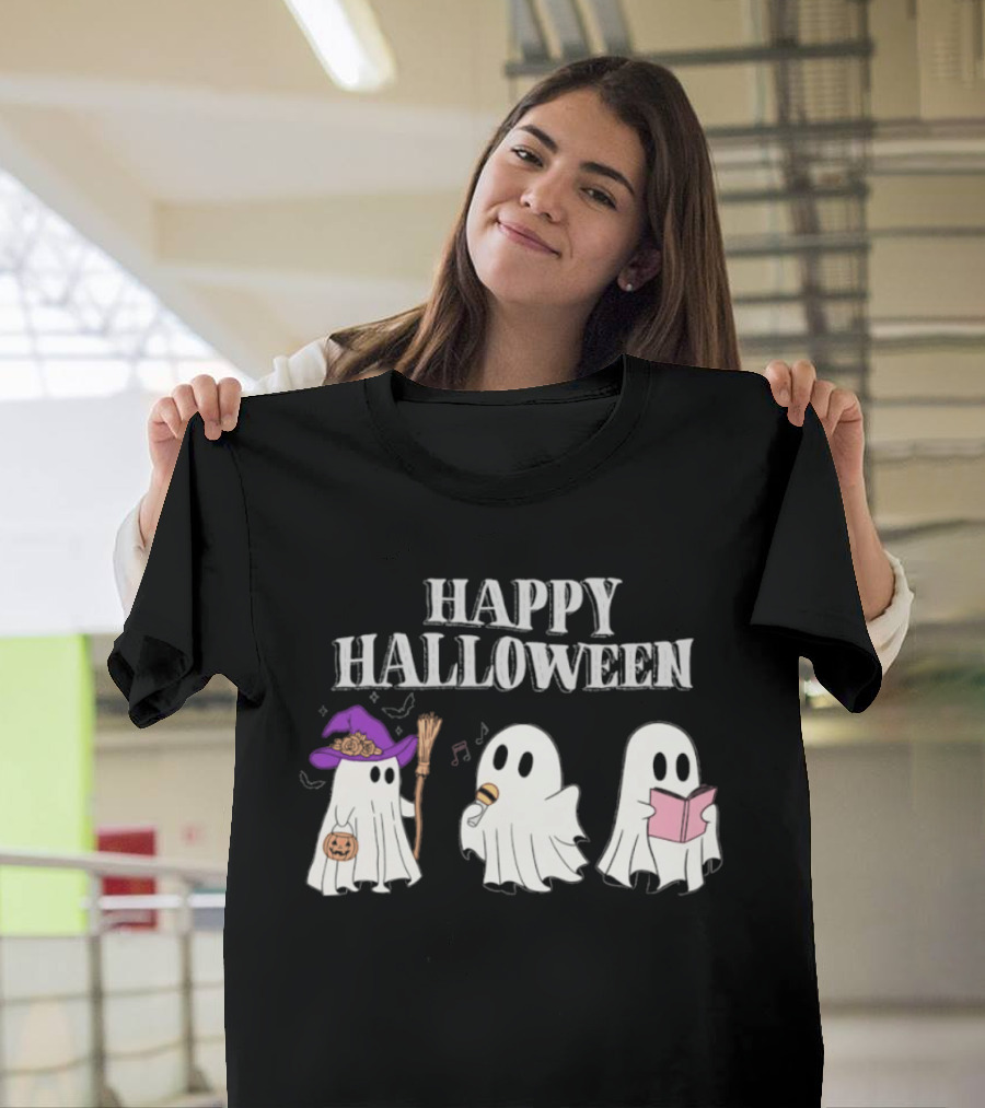 Happy Halloween Ghosts With Witch Hat Singing And Reading T-Shirt