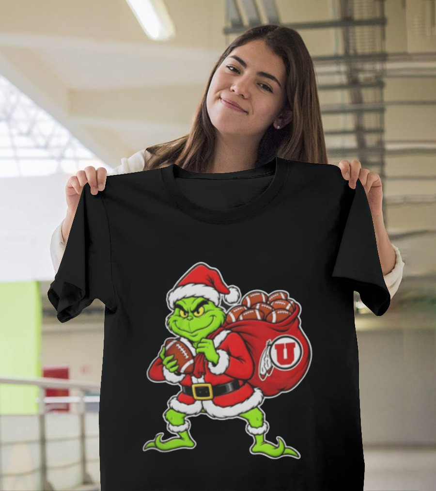 Santa Grinch Utah Utes With Chiefs Footballs Christmas T-Shirt