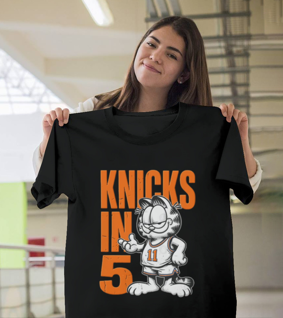 Knicks In 5 Cartoon Cat Wearing Basketball Jersey T-Shirt