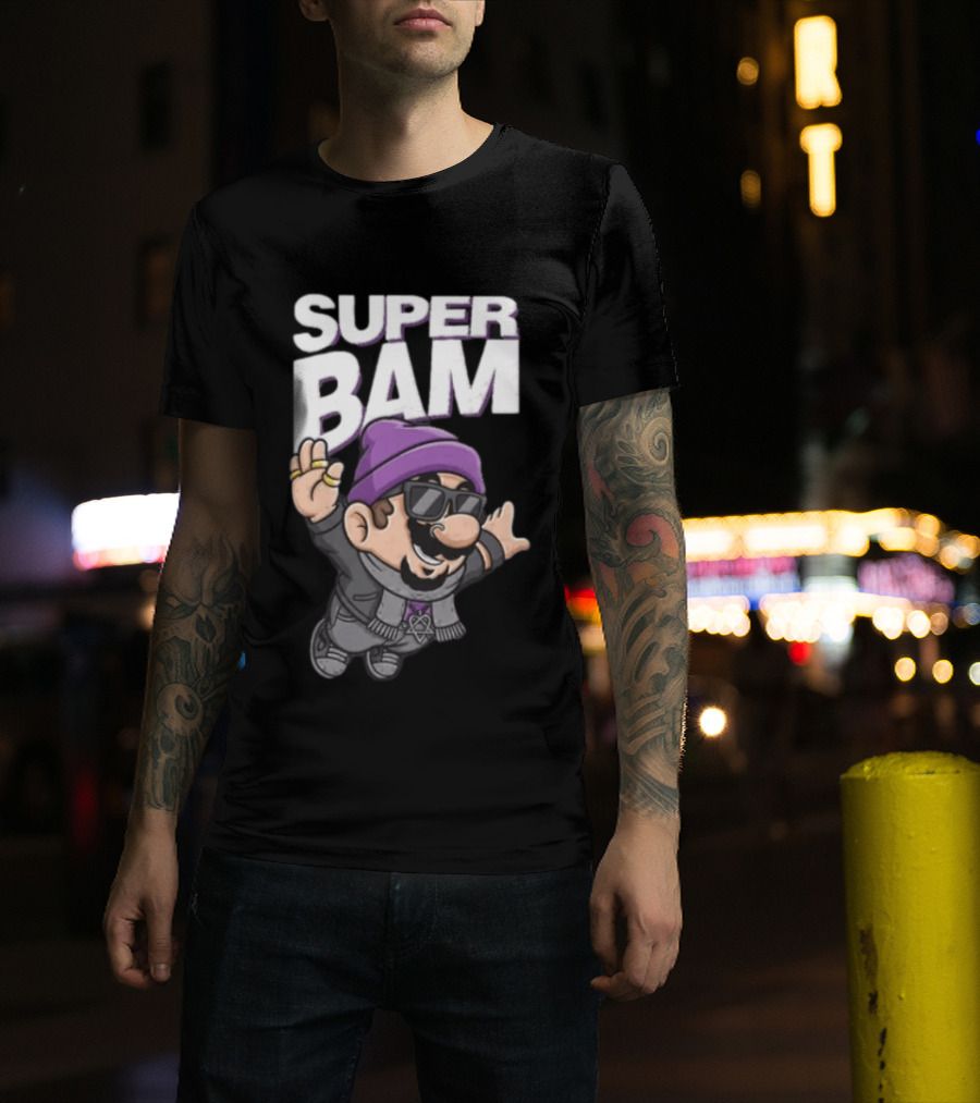 Super Bam Margera Cartoon Style Jackass Purple Beanie Sunglasses Rugged Look T-Shirt