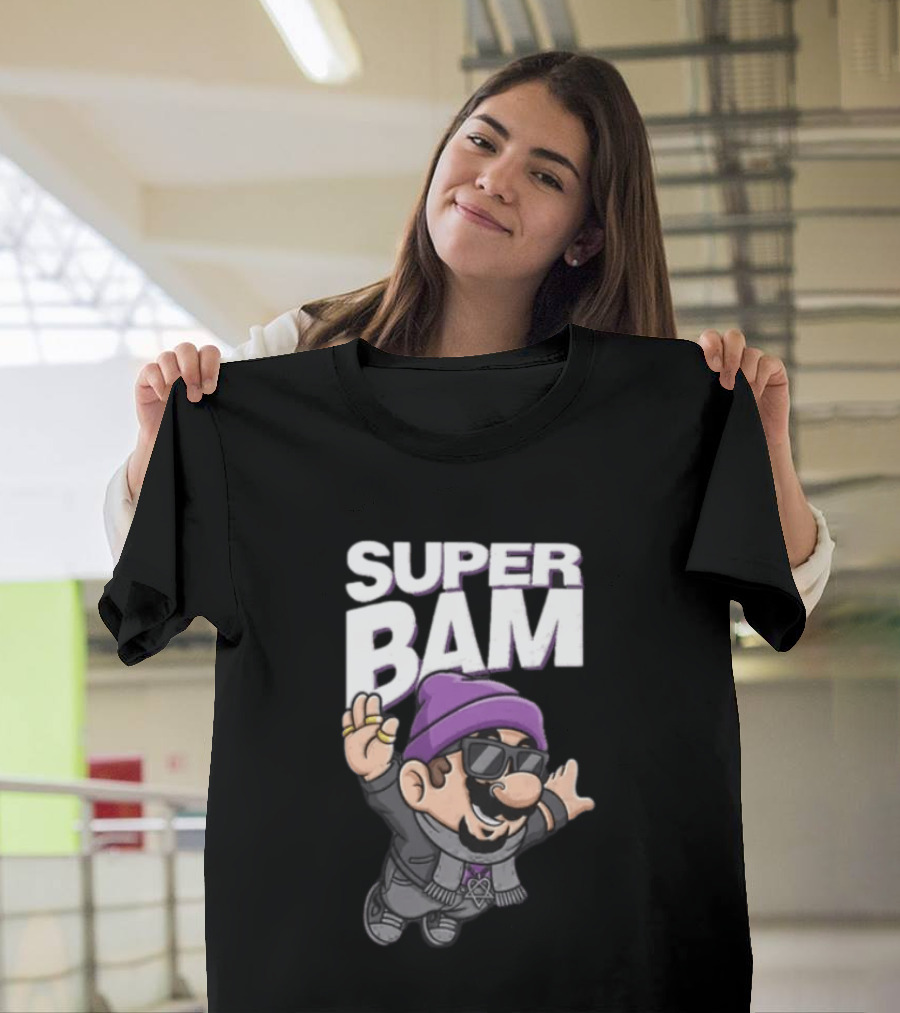 Super Bam Margera Cartoon Style Jackass Purple Beanie Sunglasses Rugged Look T-Shirt