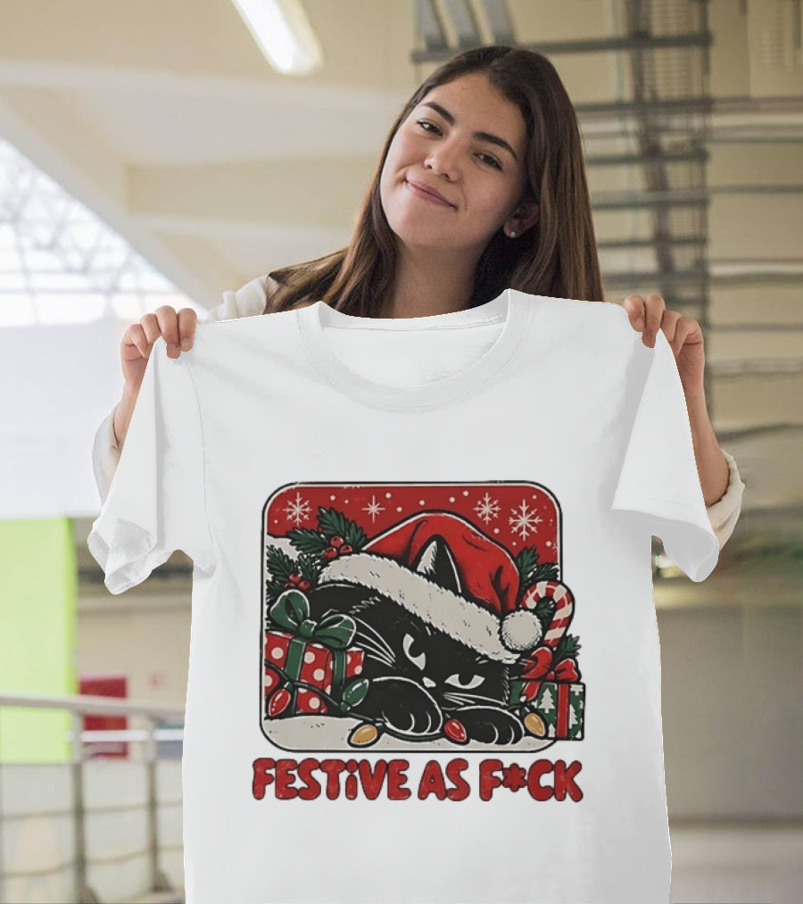 Festive As Fck Cat Christmas Holiday Santa Hat Snowflakes Presents T-Shirt