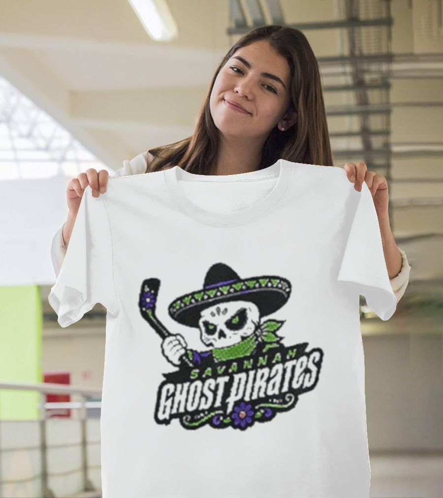Savannah Ghost Pirates Day Of The Dead Skull Hockey Sombrero T-Shirt