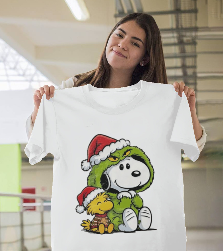 Snoopy And Woodstock In Grinch Costumes With Santa Hats Christmas T-Shirt
