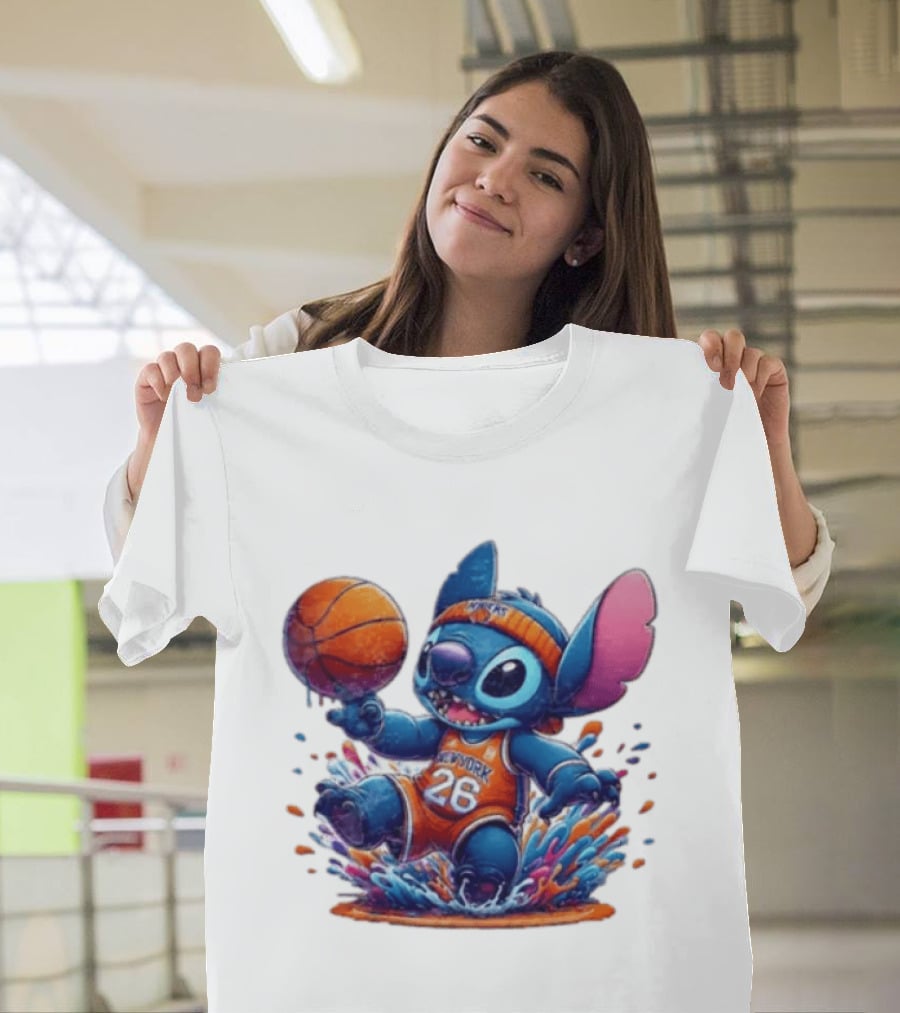 Stitch New York Knicks Basketball Jersey 26 Playful Action T-Shirt