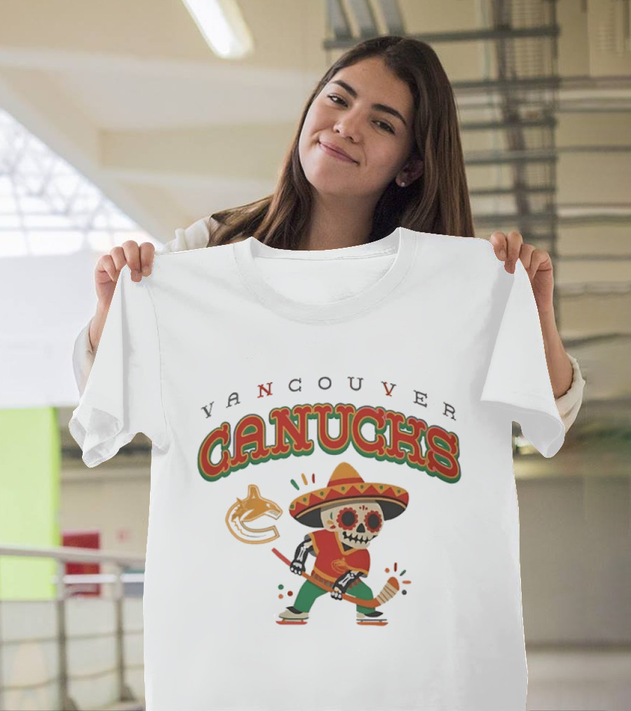 Vancouver Canucks Dia De Los Muertos Sugar Skull Hockey Player T-Shirt
