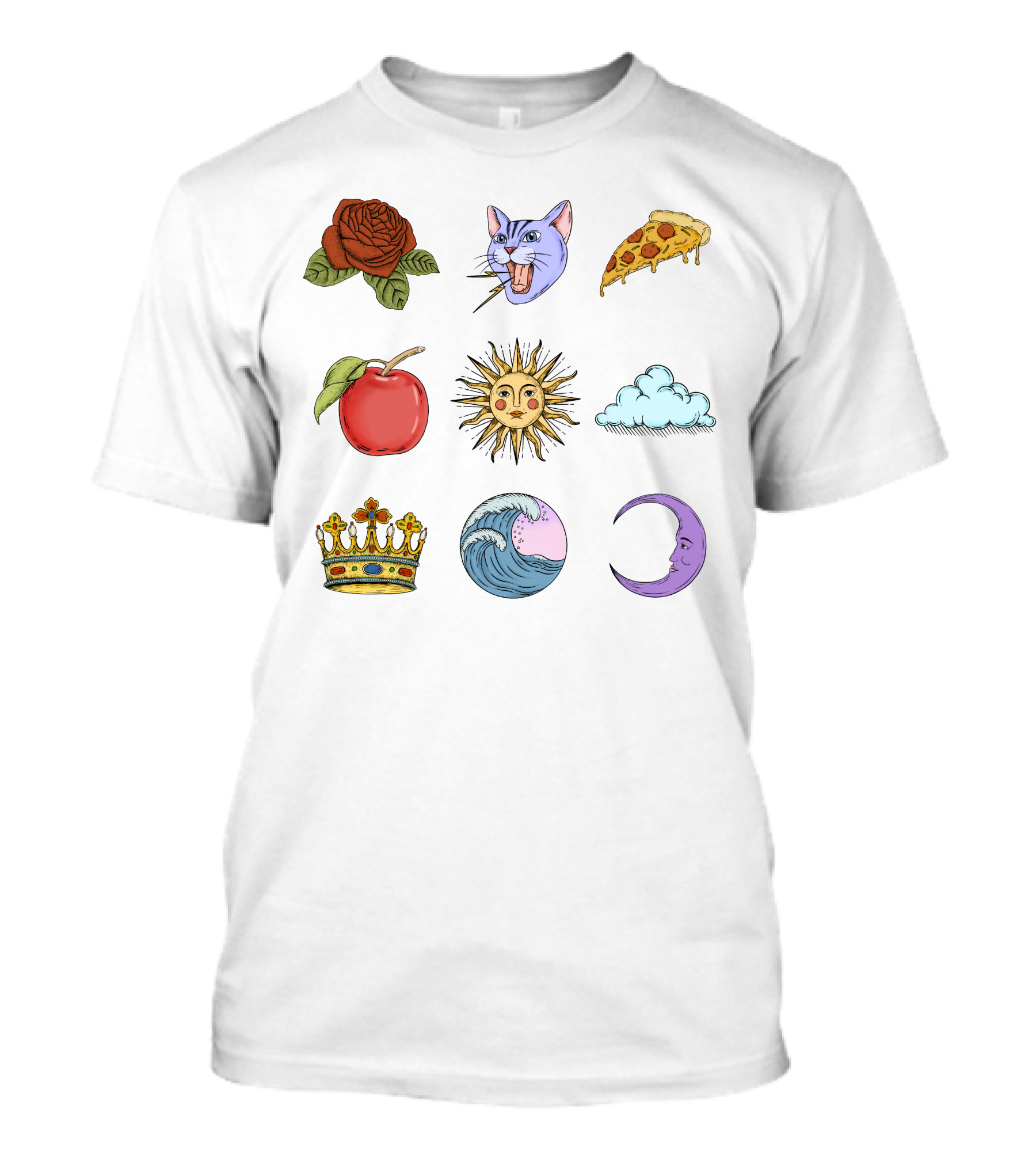 Rose Cat Pizza Apple Sun Cloud Crown Wave Moon T-Shirt