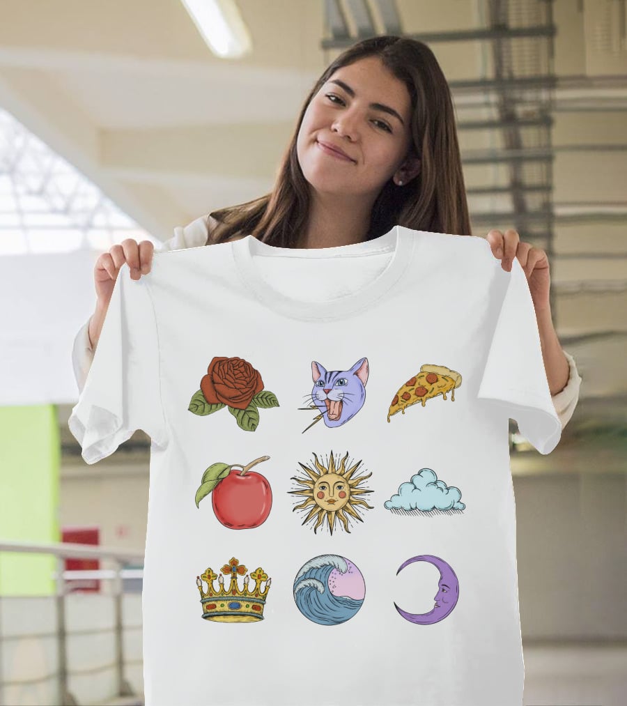 Rose Cat Pizza Apple Sun Cloud Crown Wave Moon T-Shirt