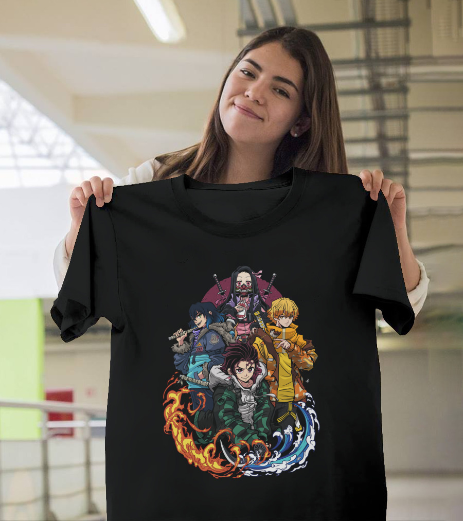 Kimetsu No Yaiba Demon Slayer Tanjiro Nezuko Zenitsu Inosuke Elemental Power Poses T-Shirt