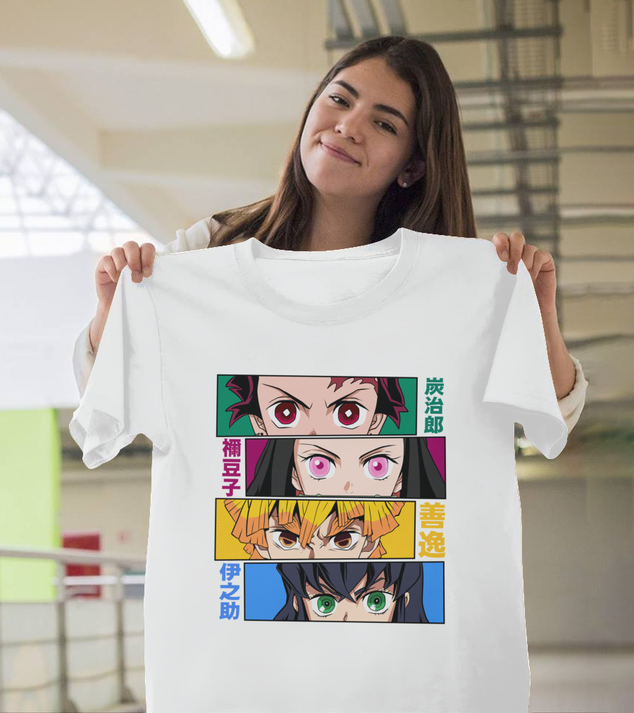 Demon Slayer Kimetsu No Yaiba Tanjiro Nezuko Zenitsu Inosuke Character Faces T-Shirt