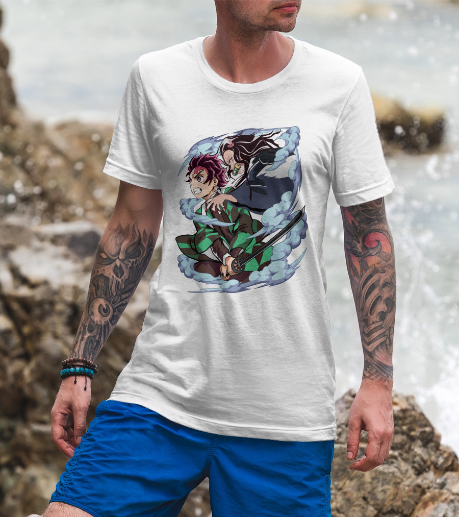 Demon Slayer Kimetsu No Yaiba Tanjiro Nezuko Anime Characters Sword Action Scene T-Shirt
