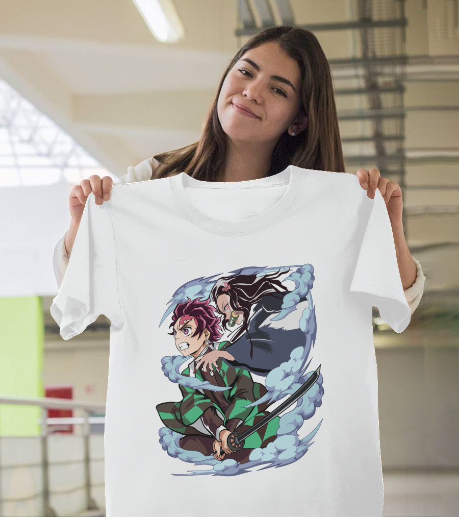 Demon Slayer Kimetsu No Yaiba Tanjiro Nezuko Anime Characters Sword Action Scene T-Shirt