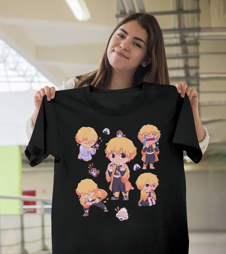 Demon Slayer Kimetsu No Yaiba Zenitsu Chibi Diverse Expressions And Birds Collection T-Shirt