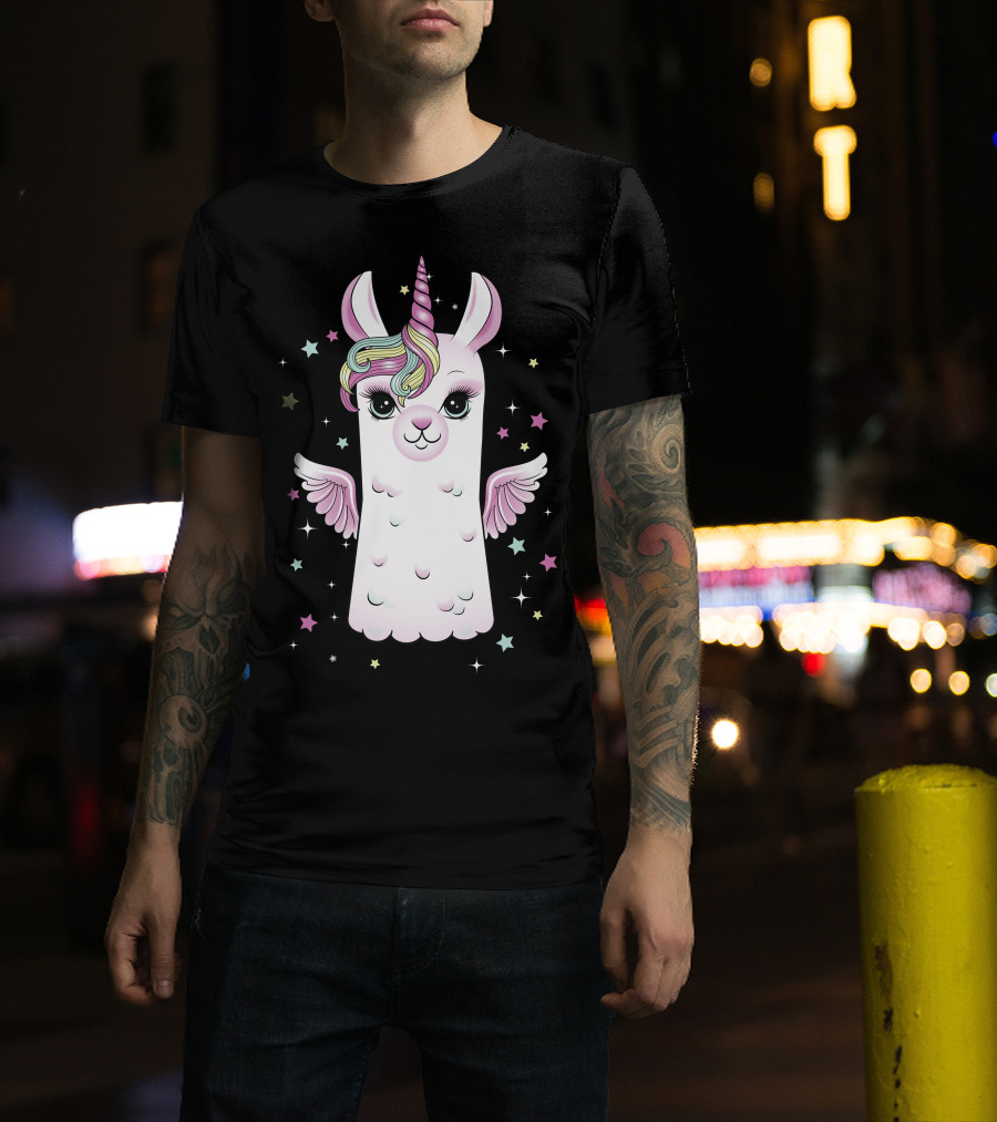 Llama Unicorn With Rainbow Mane And Wings Surrounded By Stars T-Shirt