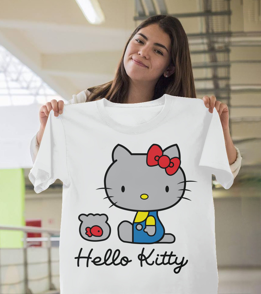 Hello Kitty Gray Cat With Red Bow And Fish Bowl T-Shirt