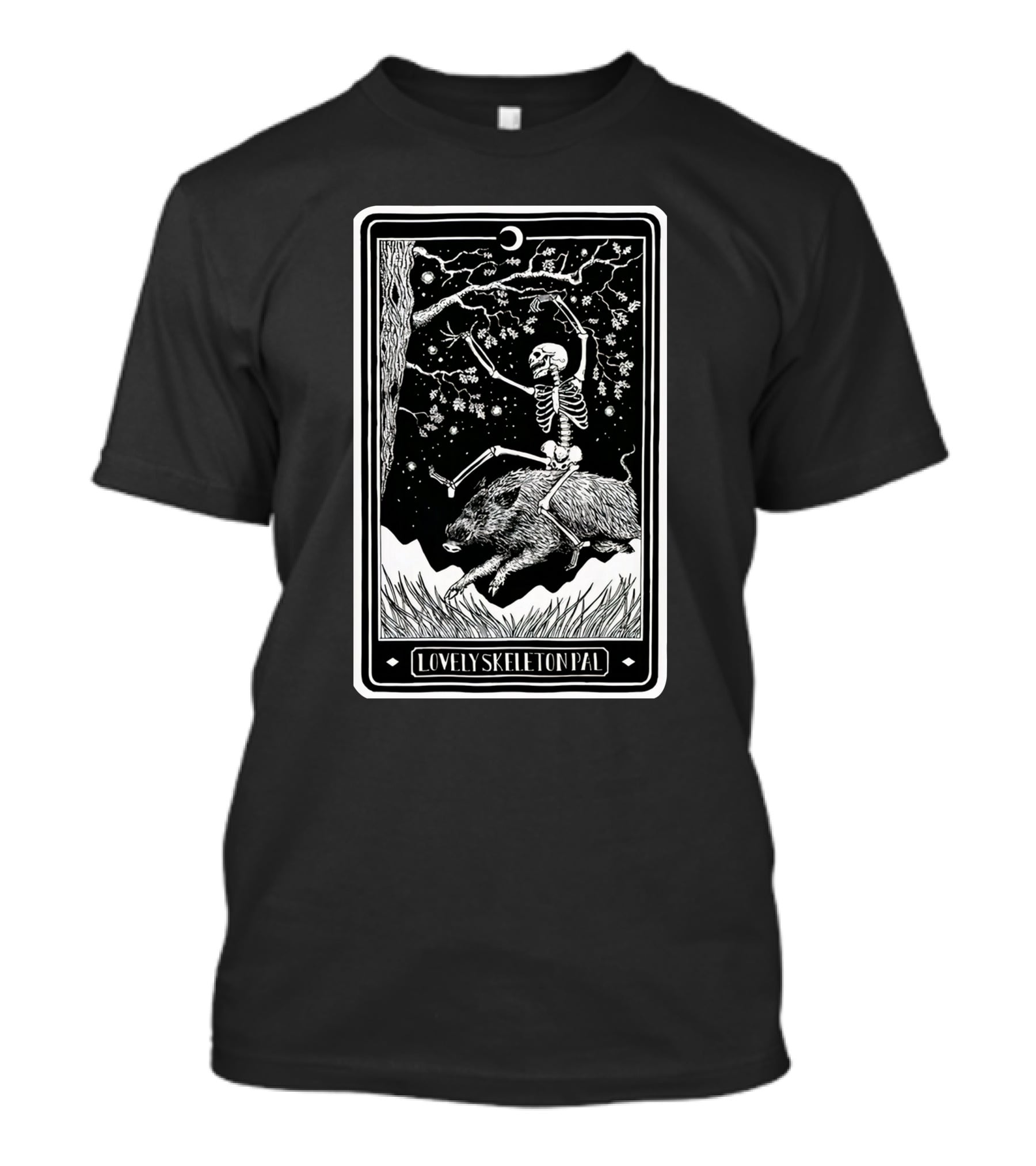 Lovely Skeleton Pal Johnny Chiodini Ever Press Store Merch Riding Wild Boar In Starry Night Scene T-Shirt