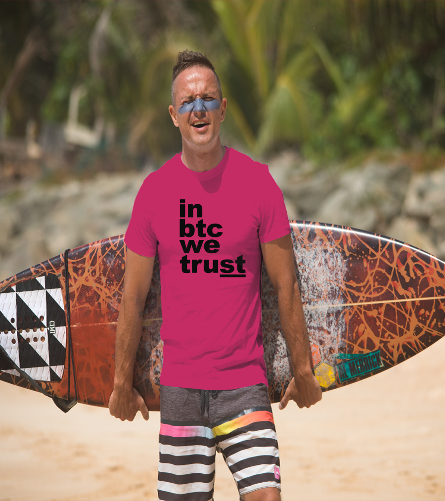 Bitcoin Merch In BTC We Trust Bold Text Pink Background T-Shirt