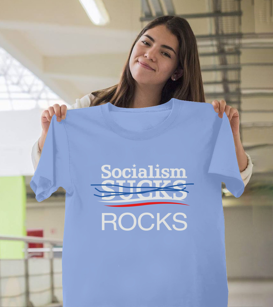 Socialism Rocks Blue Text Design with Stars and Strikethrough Line T-Shirt