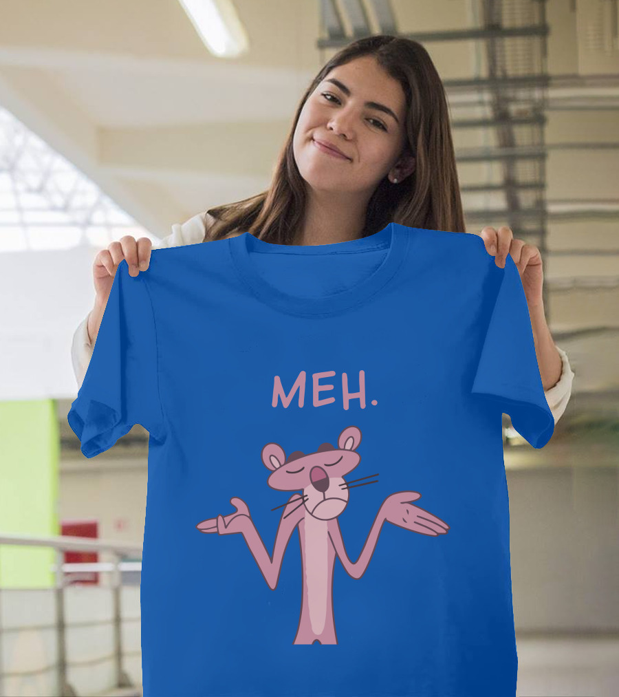 Qwertee Pink Panther Meh Apathy Blue Background T-Shirt