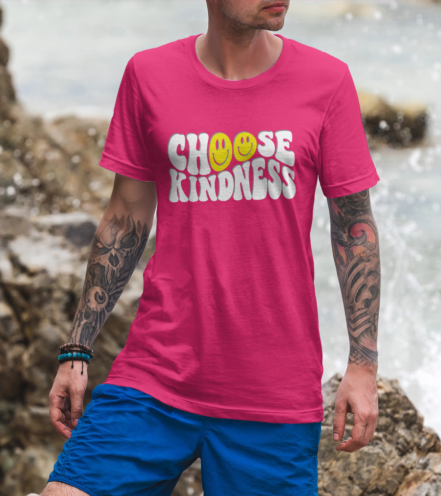 Miss Natali S Choose Kindness Smiley Face Groovy Font Pink Background T-Shirt