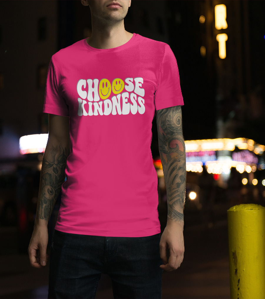 Miss Natali S Choose Kindness Smiley Face Groovy Font Pink Background T-Shirt