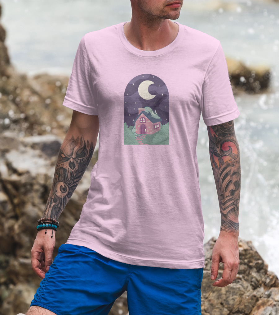 Sleepy Draginn Under Night Sky Crescent Moon Pastel Cottage T-Shirt