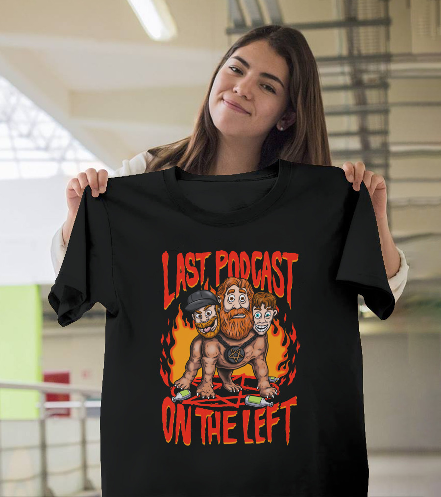 Last Podcast On The Left Hellhound Fire Pentagram Three-Headed Cartoon T-Shirt