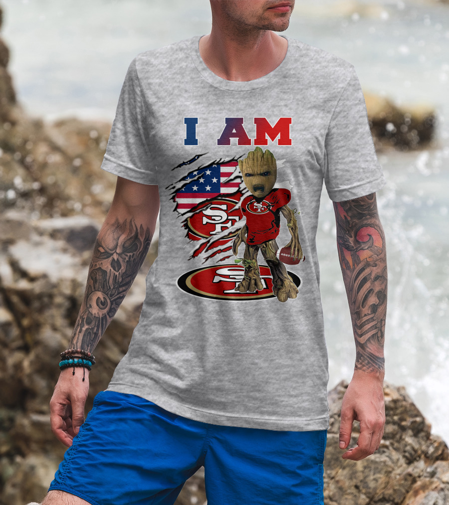 I Am 49ers Baby Groot Football Usa Flag Swoosh T-Shirt